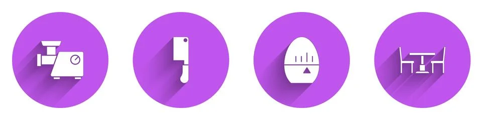 Set Kitchen meat grinder, Meat chopper, timer and Wooden table with chair icon Stock Illustration