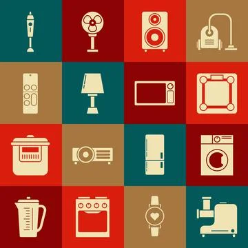 Set Kitchen meat grinder, Washer, Bathroom scales, Stereo speaker, Table la.. Stock Illustration