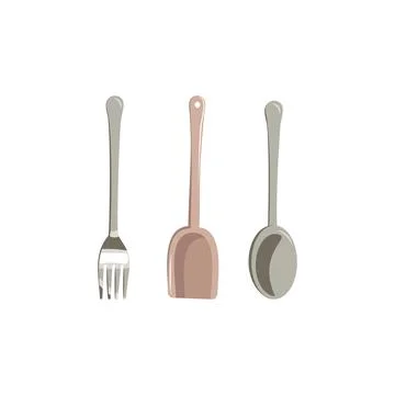 Set of kitchen objects, fork, spoon and spatula Stock Illustration