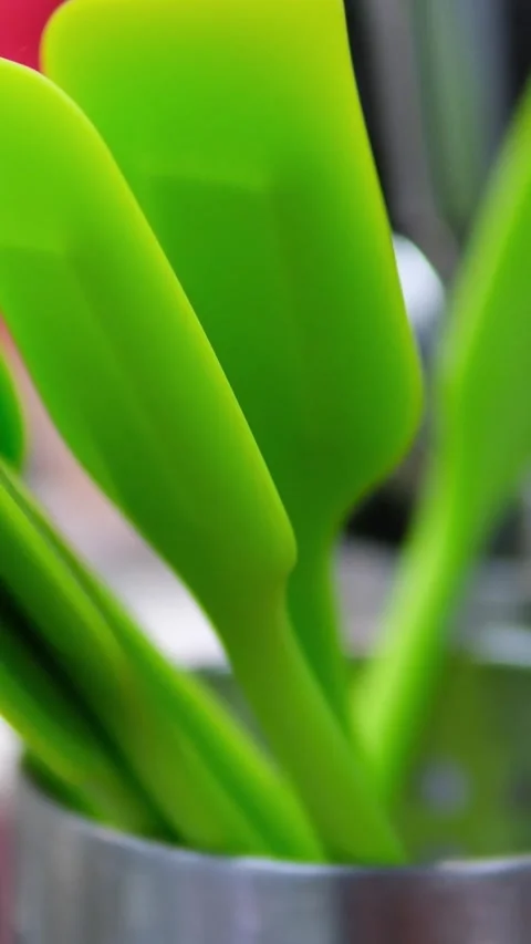 Set of kitchen spatulas Kitchen set of silicone spatulas and stands. silicone Stock Footage 279898911
