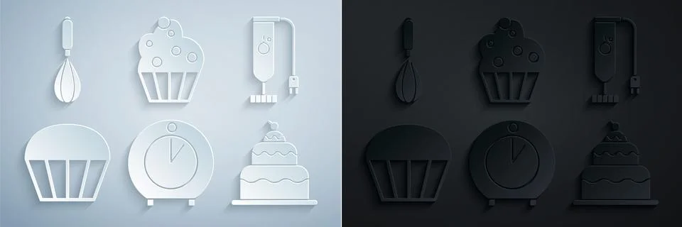 Set Kitchen timer, Blender, Muffin, Cake, Cupcake and whisk icon. Vector Stock Illustration