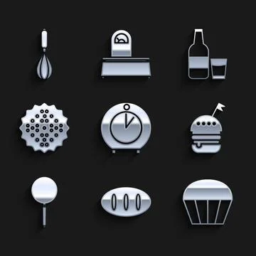 Set Kitchen timer, Bread loaf, Muffin, Burger, Frying pan, Cracker biscuit Stock Illustration