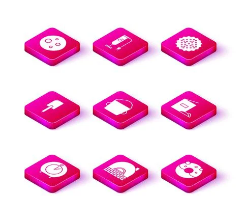 Set Kitchen timer, Brick stove, Spatula, Bakery bowl dough, Donut with sweet Stock Illustration