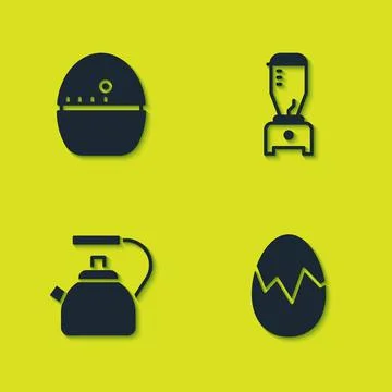 Set Kitchen timer, Broken egg, Kettle with handle and Blender icon. Vector Stock Illustration