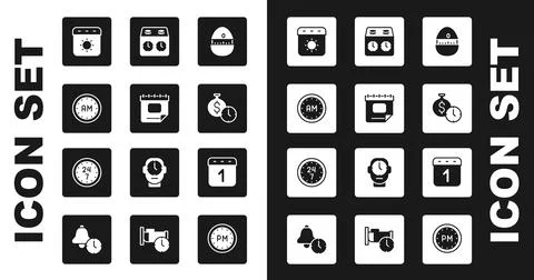 Set Kitchen timer, Calendar, Morning, summer, Time is money, chess clock, and Stock Illustration