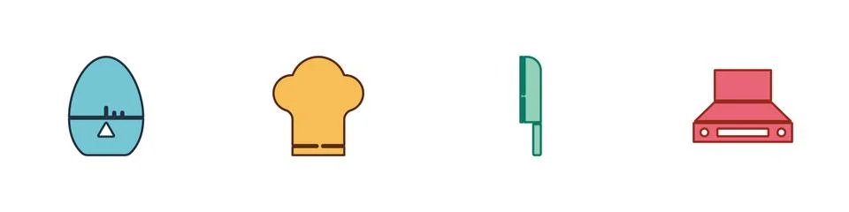 Set Kitchen timer, Chef hat, Knife and extractor fan icon. Vector イラスト素材