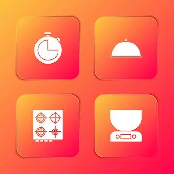 Set Kitchen timer, Covered with tray, Gas stove and Electronic scales icon. V Stock Illustration