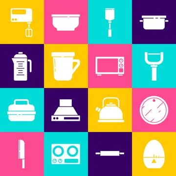 Set Kitchen timer, Cutting board, Peeler, Spatula, Coffee cup, Teapot, Electric Stock Illustration