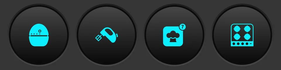 Set Kitchen timer, Electric mixer, Chef hat and Gas stove icon. Vector Illustrazione stock