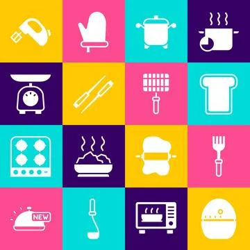 Set Kitchen timer, Fork, Bread toast, Cooking pot, Food chopsticks, Scales,.. Stock Illustration