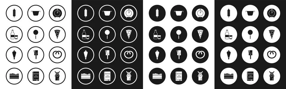 Set Kitchen timer, Frying pan, Glass bottle with milk and glass, Cereals rice Stock Illustration