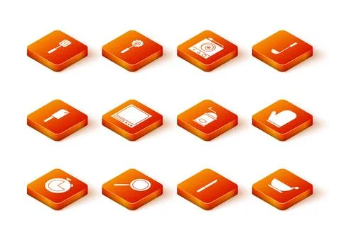 Set Kitchen timer, Frying pan, Meat chopper, Electronic scales, Knife, Manual Illustrazione stock