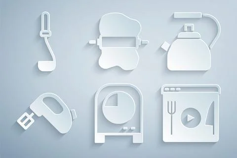 Set Kitchen timer, Kettle with handle, Electric mixer, Cooking live streaming Illustrazione stock