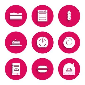 Set Kitchen timer, Macaron cookie, Brick stove, Roll bun with cinnamon, Cookbook Stock Illustration