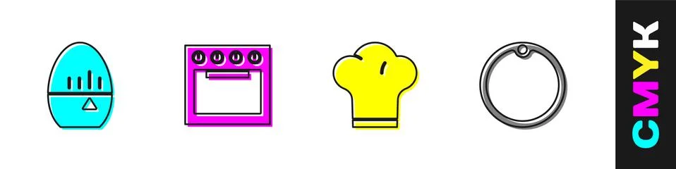 Set Kitchen timer, Oven, Chef hat and Cutting board icon. Vector Stockillustratie