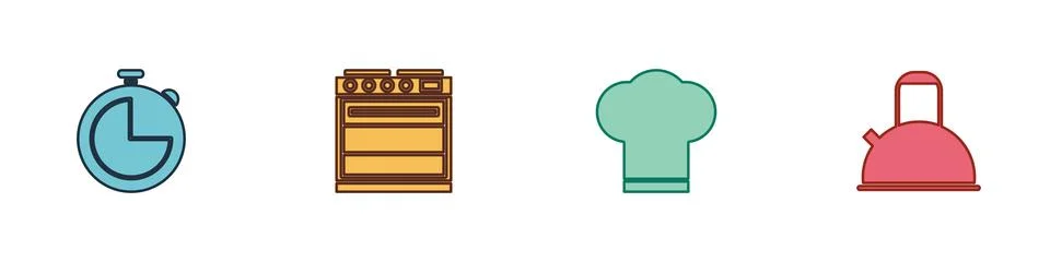 Set Kitchen timer, Oven, Chef hat and Kettle with handle icon. Vector Illustration