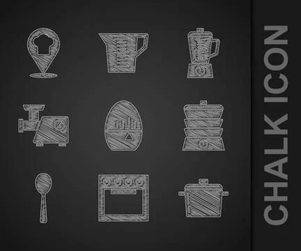 Set Kitchen timer, Oven, Cooking pot, Slow cooker, Spoon, meat grinder, Blender Stock Illustration