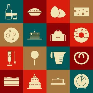 Set Kitchen timer, Pretzel, Donut with sweet glaze, Chicken egg, Stack of Stock Illustration