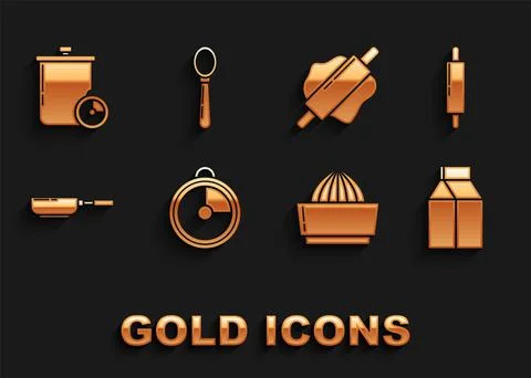 Set Kitchen timer, Rolling pin, Paper package for milk, Citrus fruit juicer Stock Illustration