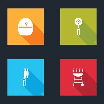 Set Kitchen timer, Spatula, Meat chopper and Barbecue grill icon. Vector Stock Illustration