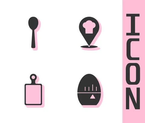 Set Kitchen timer, Spoon, Cutting board and Chef hat with location icon. Vector 스톡 일러스트