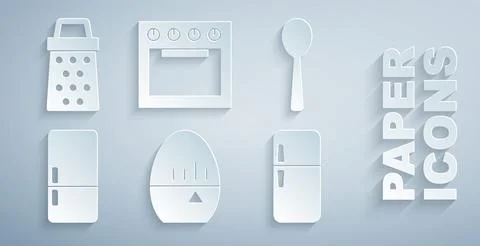 Set Kitchen timer, Spoon, Refrigerator, Oven and Grater icon. Vector 스톡 일러스트