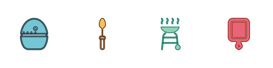 Set Kitchen timer, Teaspoon, Barbecue grill and Cutting board icon. Vector Stockillustratie