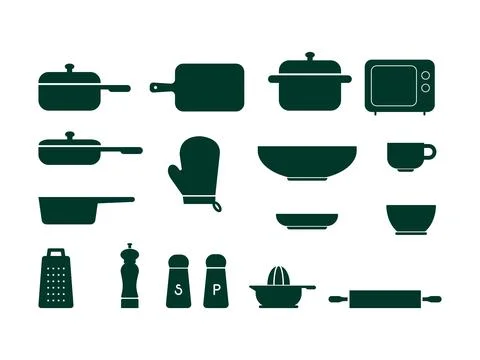Set of kitchen tools and utensils in black silhouette vector style on white b Stockillustratie