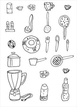 Set of kitchen tools, cooking utensils, kitchenware. Doodle style. Vector stock Stock Illustration