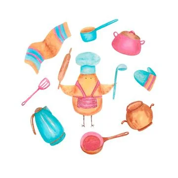 Set of kitchen tools, cooking utensils, kitchenware. Chicken cook and utensils. Stock Illustration