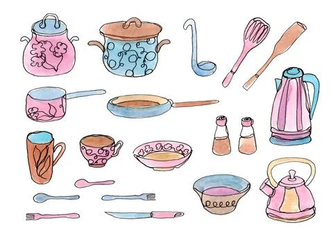 Set of kitchen tools, cooking utensils, kitchen ware. Stock Illustration