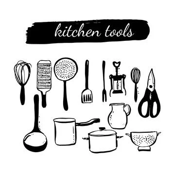 Set of kitchen tools doodles. Stock Illustration