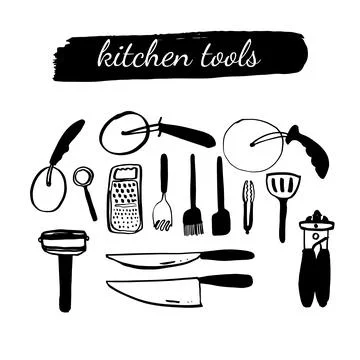 Set of kitchen tools doodles. Stock Illustration
