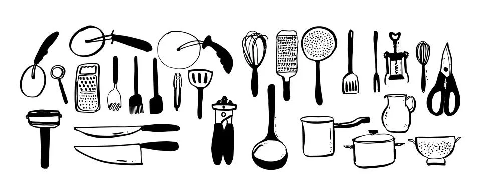 Set of kitchen tools doodles. Stock Illustration