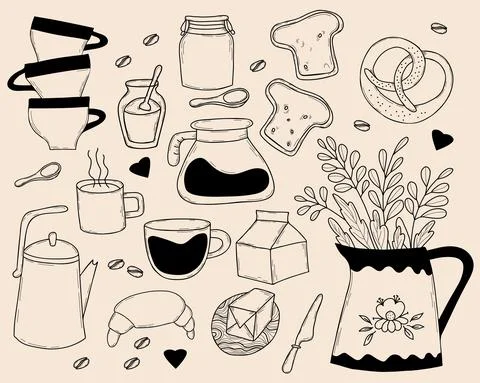 Set of kitchen tools doodles. Kitchen utensils for cooking, knife and jug with p Stock Illustration