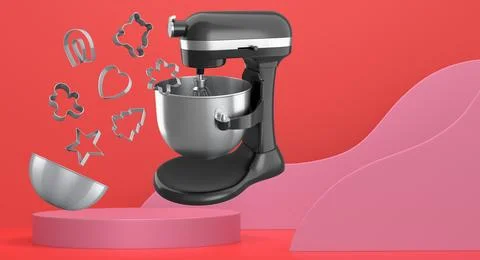 Set of kitchen tools including mixer, bowl and cookie cutters float above p.. Ilustração Stock