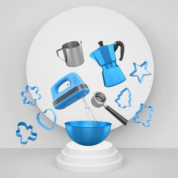 Set of kitchen tools including mixer, moka pot, bowl and cookie cutters flo.. Stock Illustration