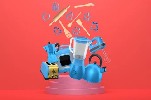 Set of kitchen tools including mixer, moka pot, toaster and cookie cutters .. Stock Illustration