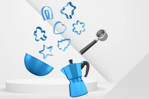Set of kitchen tools including moka pot, bowl and cookie cutters float abov.. Stock Illustration