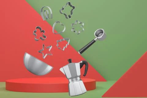 Set of kitchen tools including moka pot, bowl and cookie cutters float abov.. Stock Illustration