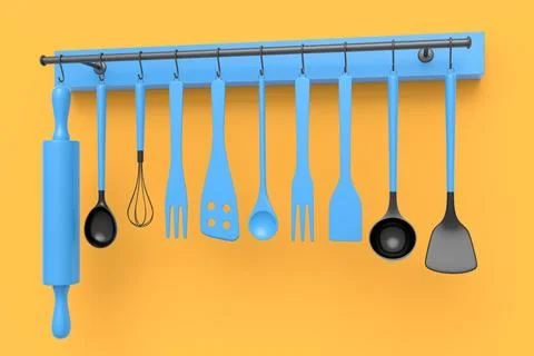 Set of kitchen utensil for preparation of dough hanging on shelf on orange Stock Illustration