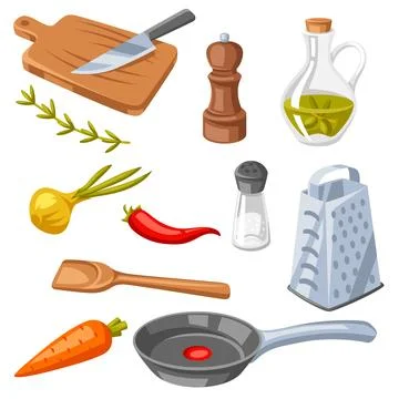 Set of kitchen utensils. Cooking tools for home and recipe items. Stock Illustration