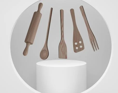 Set of kitchen utensils including rolling pin, spoon, spatula, fork, floating Stock Illustration
