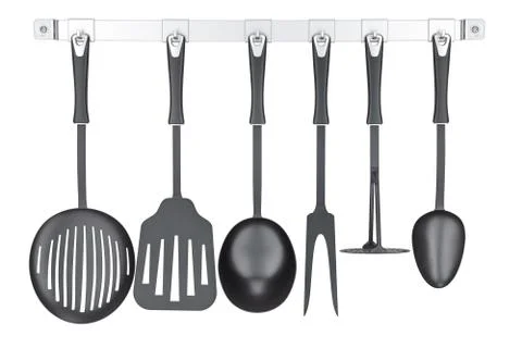 Set of kitchen utensils on a kitchen hook strip, 3D rendering Stock Illustration