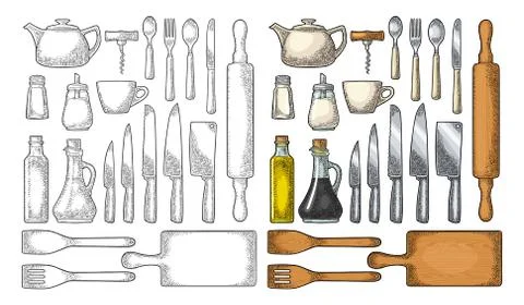 Set Kitchen utensils. Vector vintage engraving Stock Illustration