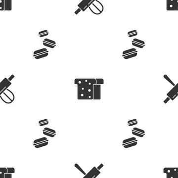 Set Kitchen whisk and rolling pin, Bread toast and Macaron cookie on seamless Stock Illustration