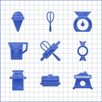 Set Kitchen whisk and rolling pin, Cake, Bag of flour, Candy, container for milk Stock Illustration