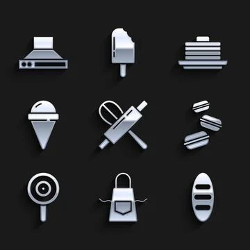 Set Kitchen whisk and rolling pin, apron, Bread loaf, Macaron cookie, Lollipop イラスト素材