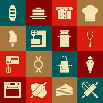 Set Kitchen whisk and rolling pin, Pastry bag, Bread toast, Electric mixer,.. Stock Illustration