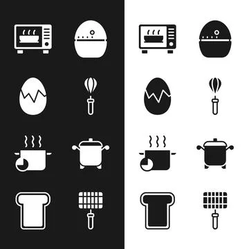 Set Kitchen whisk, Broken egg, Microwave oven, timer, Cooking pot, Barbecue s Stock Illustration